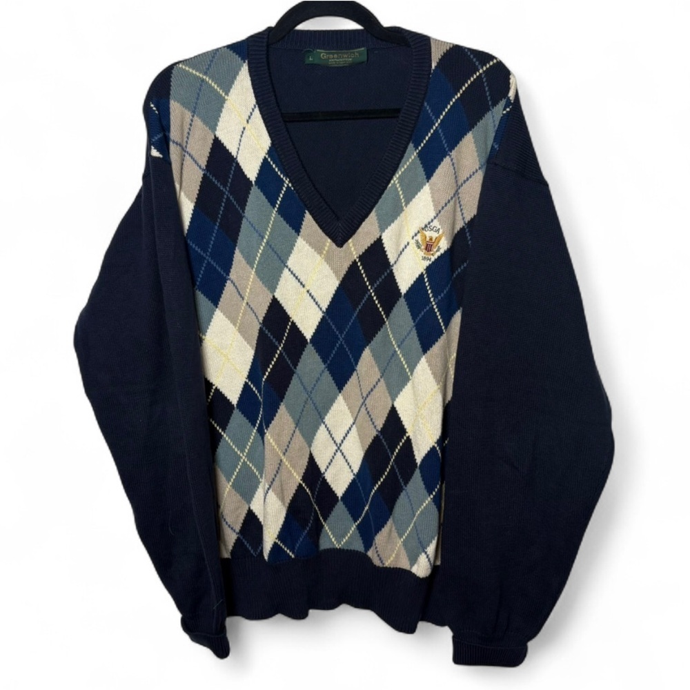 Vintage Greenwich USGA Argyle Golf Sweater Navy Blue Cotton V-Neck Large